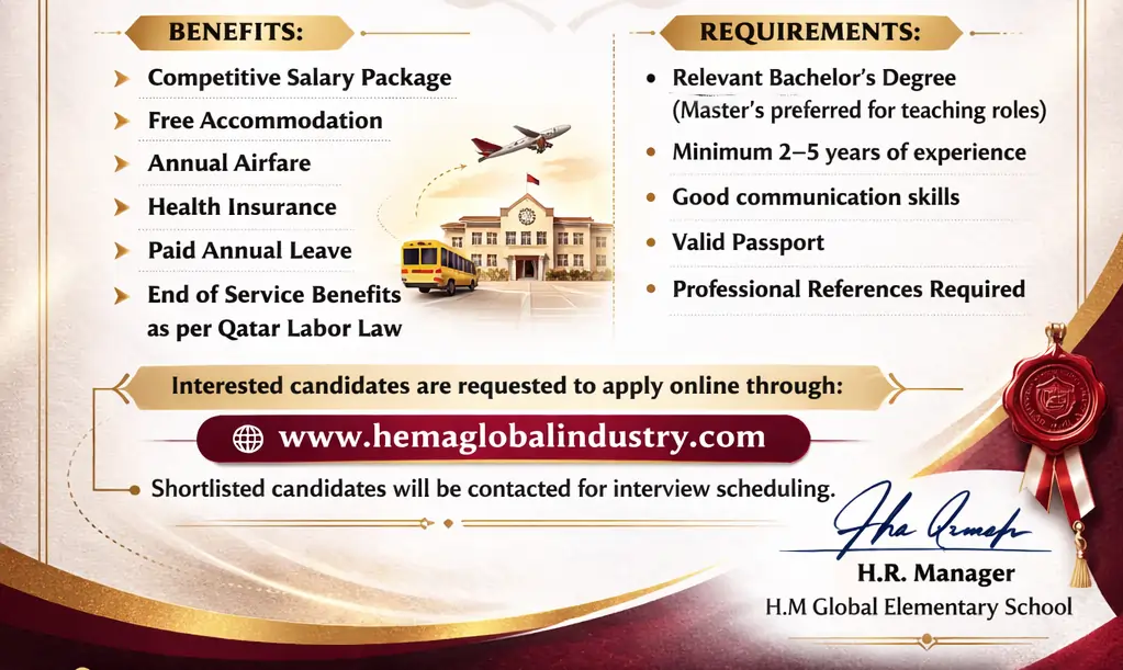 High-Paying Teaching Jobs in Qatar 2026: H.M. Global Elementary School Recruitment Guide 3 Qatar-school-job-vacancy-2026-benefits