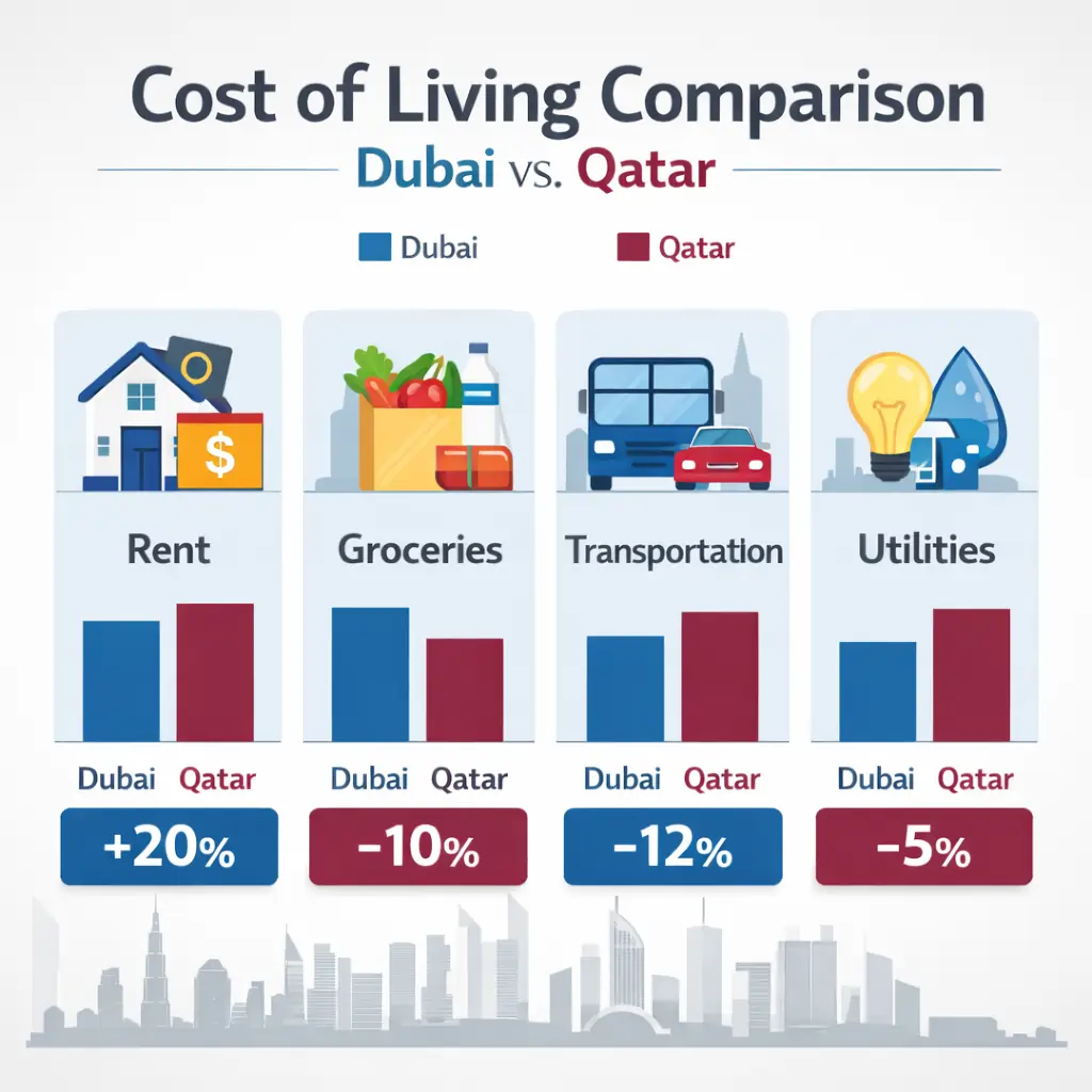 Dubai vs. Qatar Jobs: Salary and Living Cost Comparison—Which Gulf Destination Offers the Best Career Opportunity? 3 cost of living Dubai vs Qatar infographic