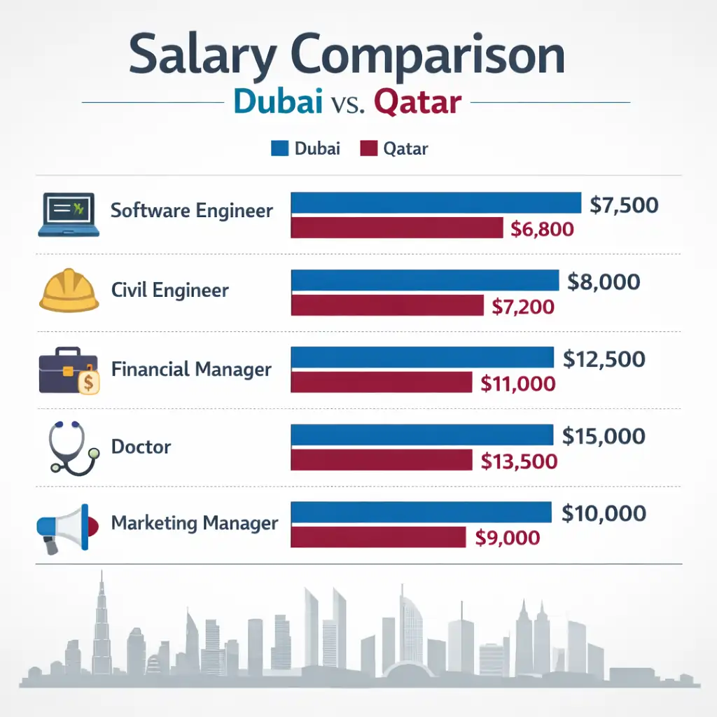 Dubai vs. Qatar Jobs: Salary and Living Cost Comparison—Which Gulf Destination Offers the Best Career Opportunity? 2 salary comparison Dubai vs Qatar jobs infographic