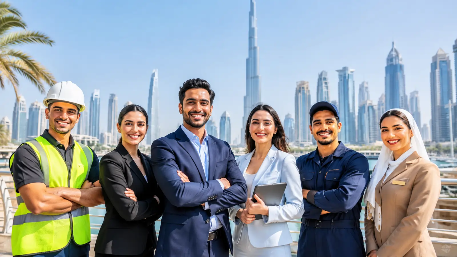 Young professionals and skilled workers standing in front of the Dubai skyline representing high-paying jobs in the UAE in 2026