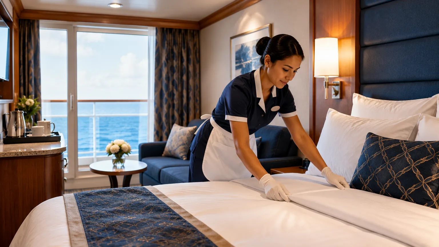Hospitality team providing guest services onboard a cruise ship