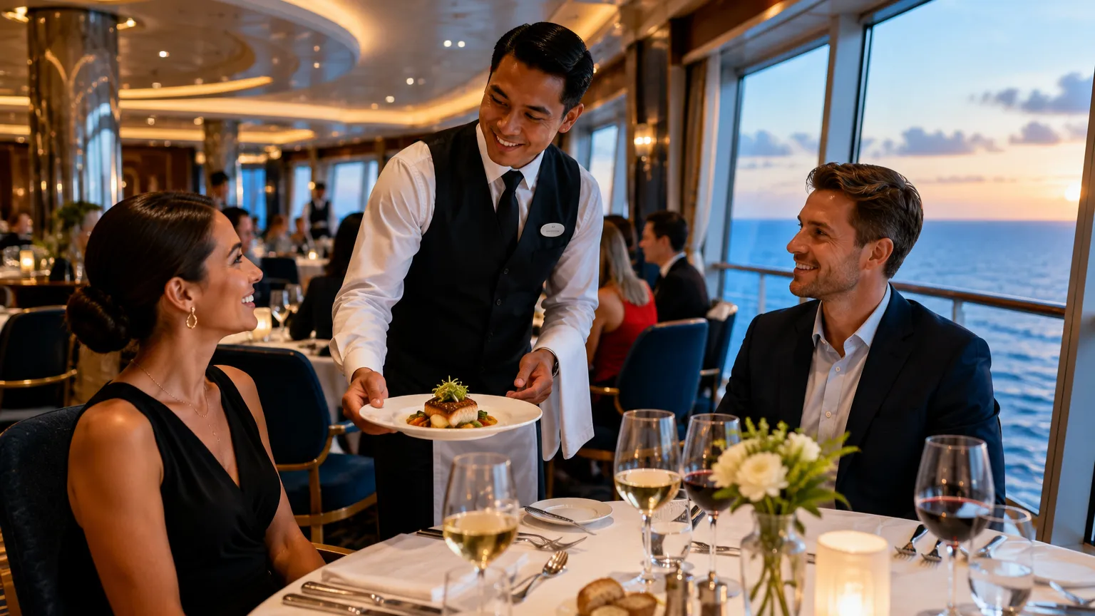 Cruise ship restaurant staff serving passengers