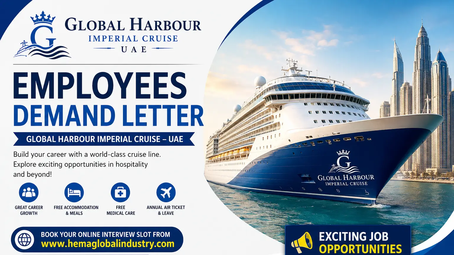 Global Harbour Imperial Cruise UAE recruitment campaign promoting cruise ship hospitality careers and job opportunities.