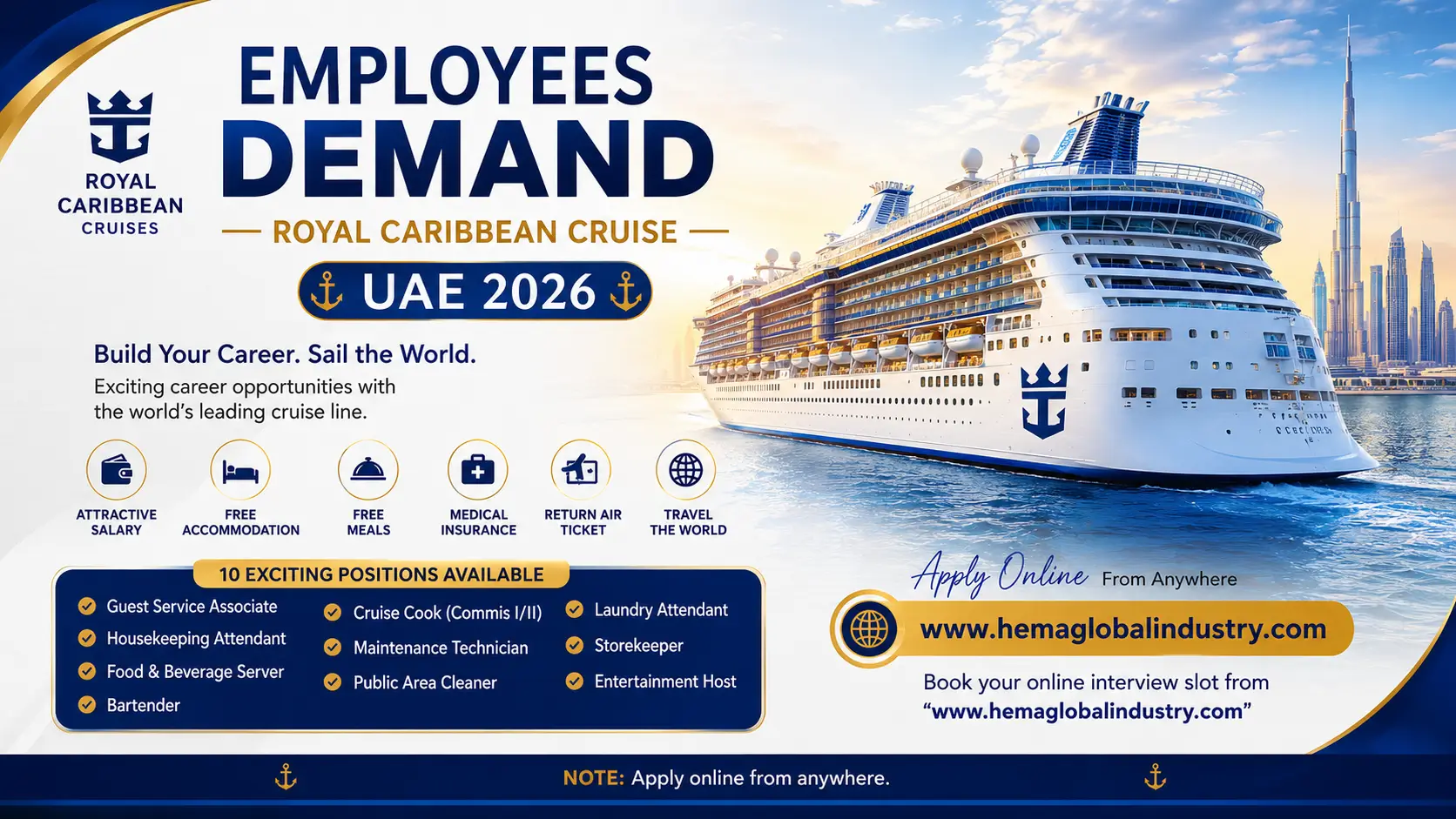Royal Caribbean Cruise jobs UAE 2026 – employees demand notice with salaries, benefits, and online application details