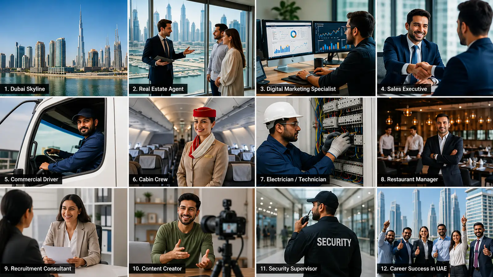 Collage of professionals working in Highest paying jobs in the UAE without a degree, including real estate, digital marketing, sales, aviation, hospitality, logistics, recruitment, and skilled trades in Dubai.