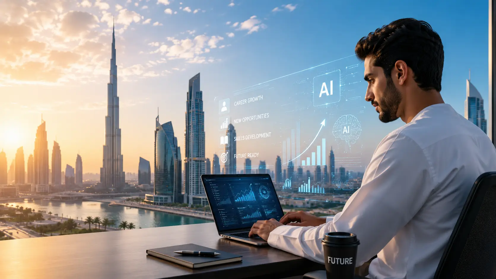 Professional using artificial intelligence technology in Dubai, illustrating how AI is transforming jobs and creating new career opportunities in the UAE.