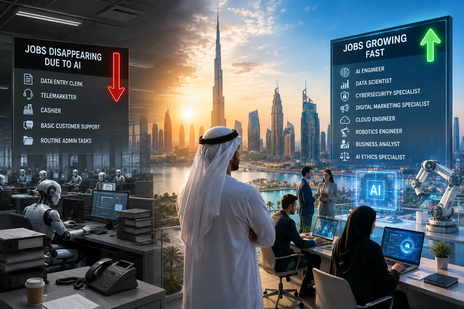 Hema Global Industry 3 Dubai professional viewing AI technology as traditional jobs decline and new careers grow in the UAE